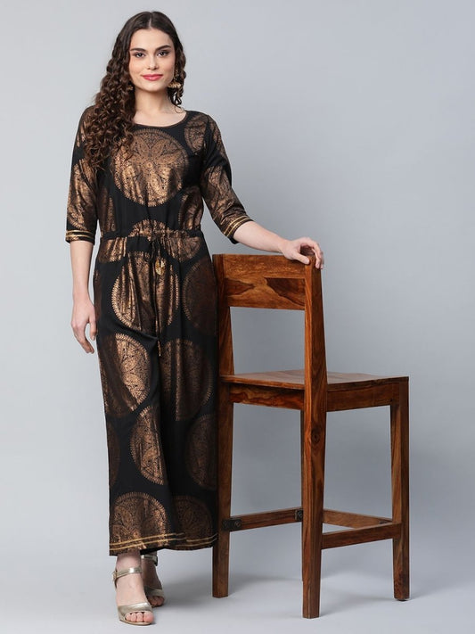 Ahalyaa Black Crepe Copper Foil Printed Jumpsuit