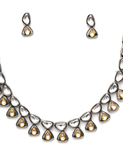 Dual Tone Kundan Neckpiece with Earrings Jewellery Set (silver) - Ruby Raang