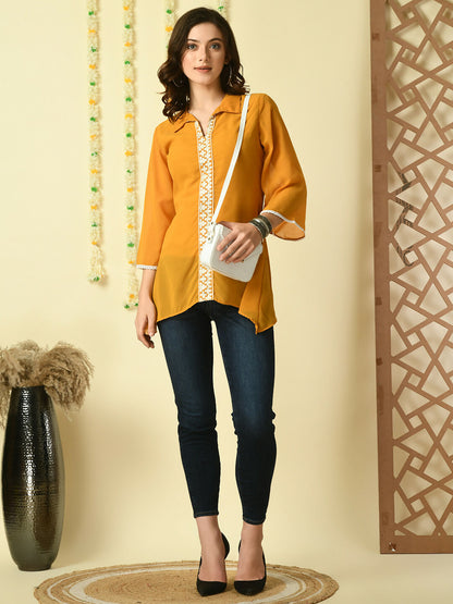 Myshka Women's Mustard Embroidered Party Fusion Top