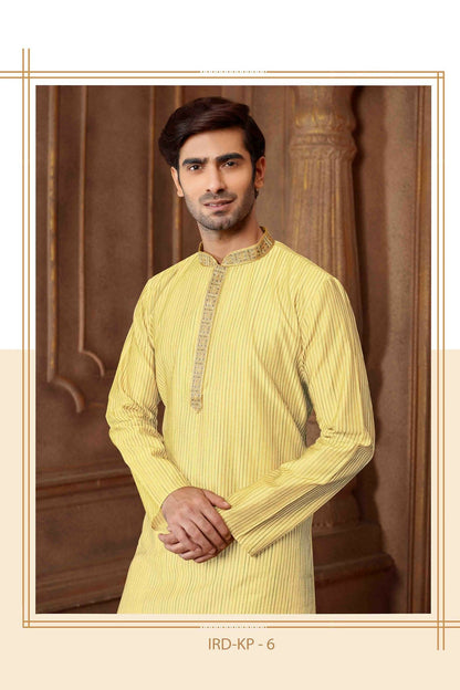 Joban Fashion Light Yellow art Silk Blend Strips kurta Pyjama