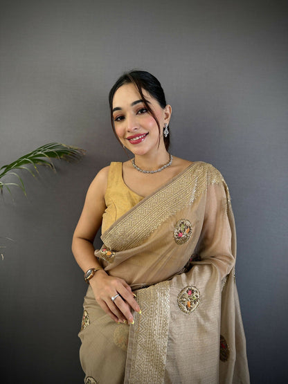 Joban Fashion Mud Brown Handloom Banarasi Organza Silk Khatali Butta Work Saree