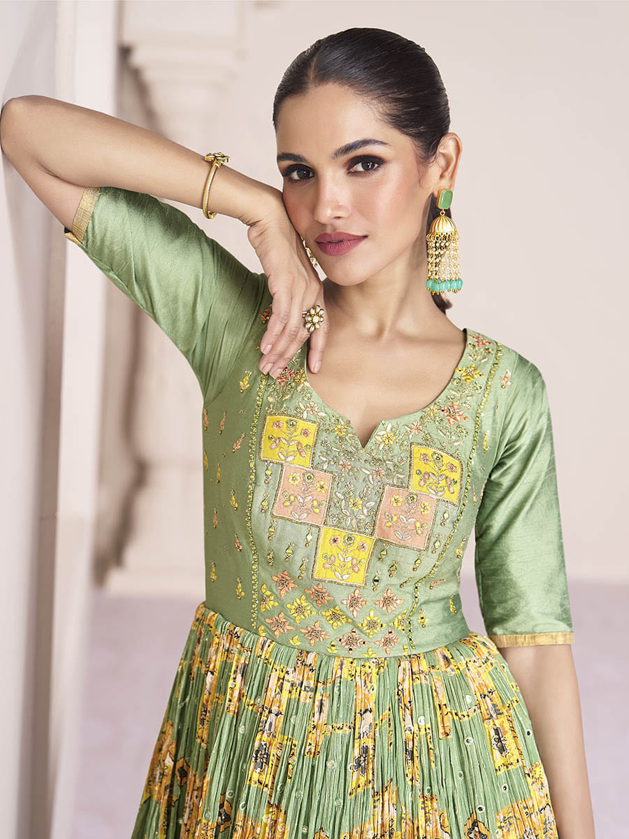 Myra Pastel Green Georgette and Chinon Silk Gown Style Party Wear Suit