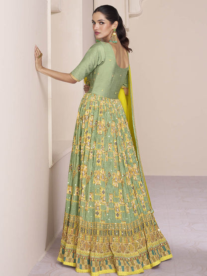 Myra Pastel Green Georgette and Chinon Silk Gown Style Party Wear Suit