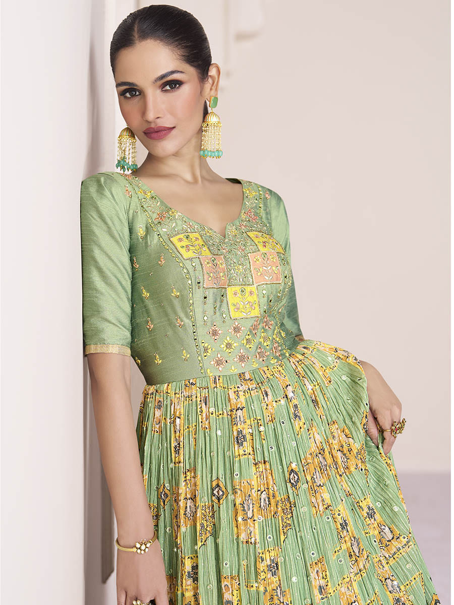 Myra Pastel Green Georgette and Chinon Silk Gown Style Party Wear Suit