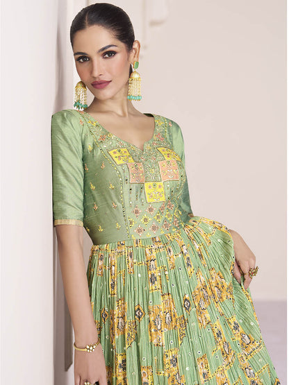 Myra Pastel Green Georgette and Chinon Silk Gown Style Party Wear Suit