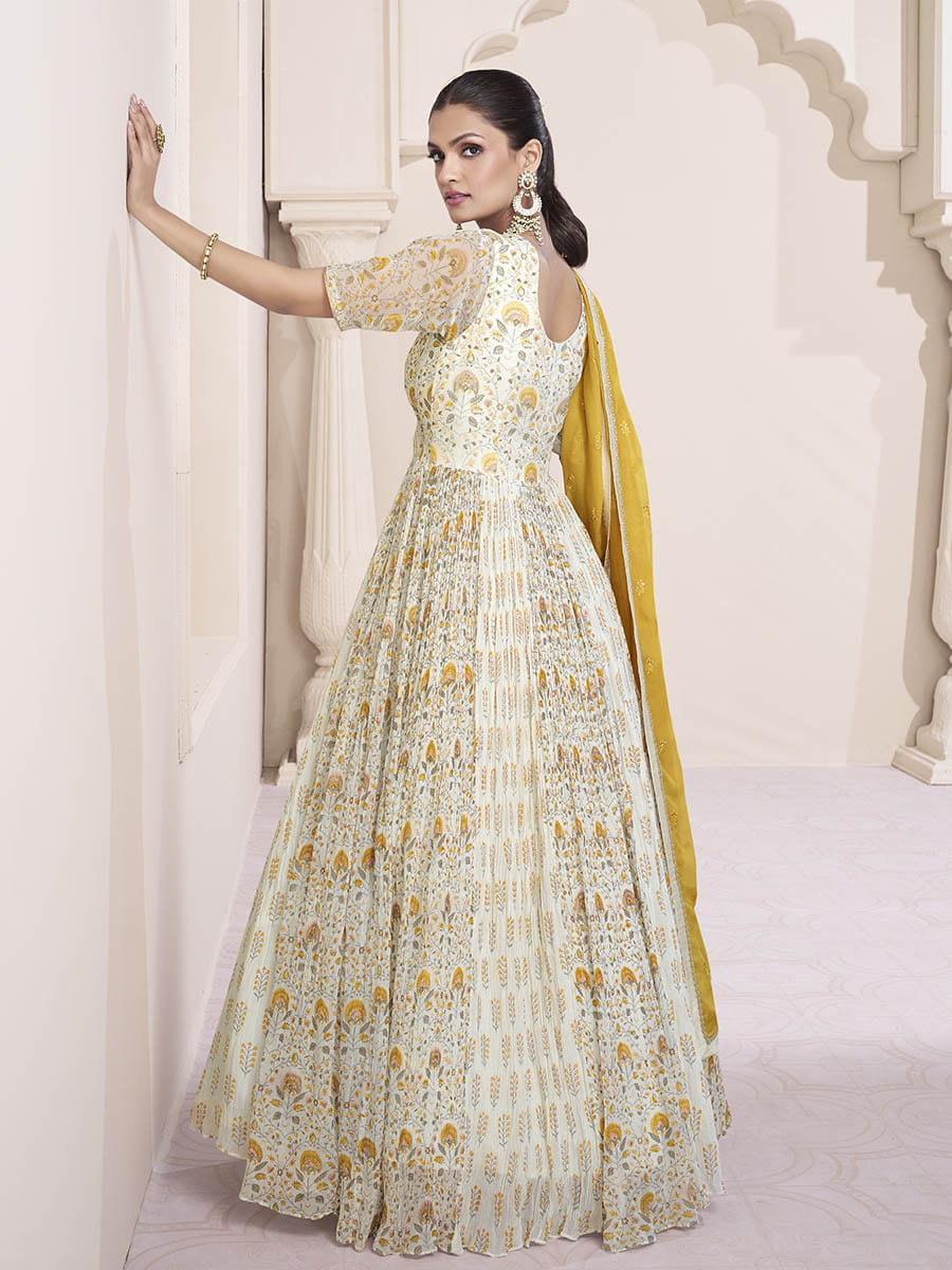 Myra Cream Georgette and Chinon Silk Gown Style Party Wear Suit