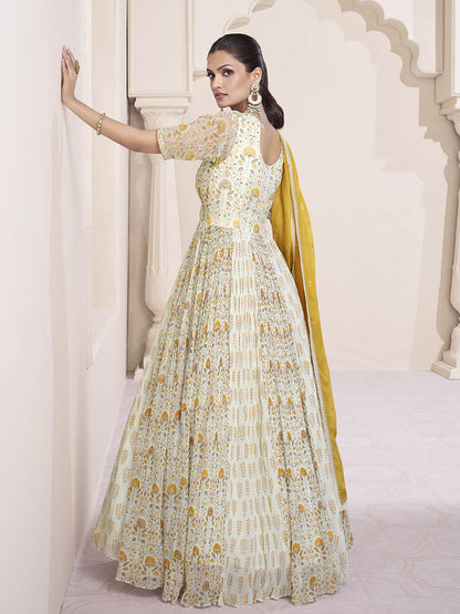 Myra Cream Georgette and Chinon Silk Gown Style Party Wear Suit
