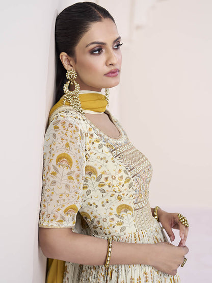 Myra Cream Georgette and Chinon Silk Gown Style Party Wear Suit