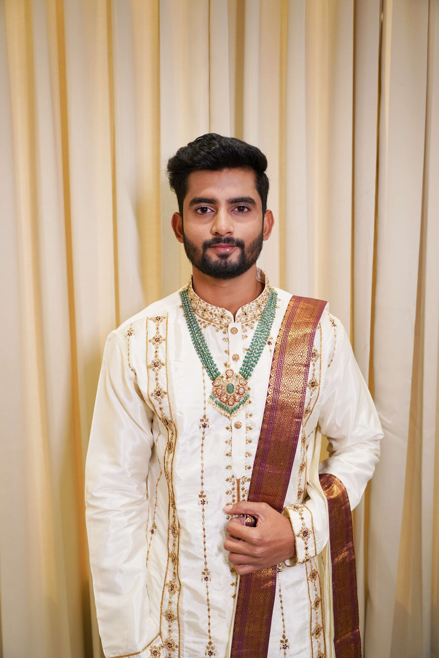 White Hand Embroidery Designer Men's Pattu Kurta Set by Hilo Design
