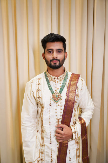 White Hand Embroidery Designer Men's Pattu Kurta Set by Hilo Design