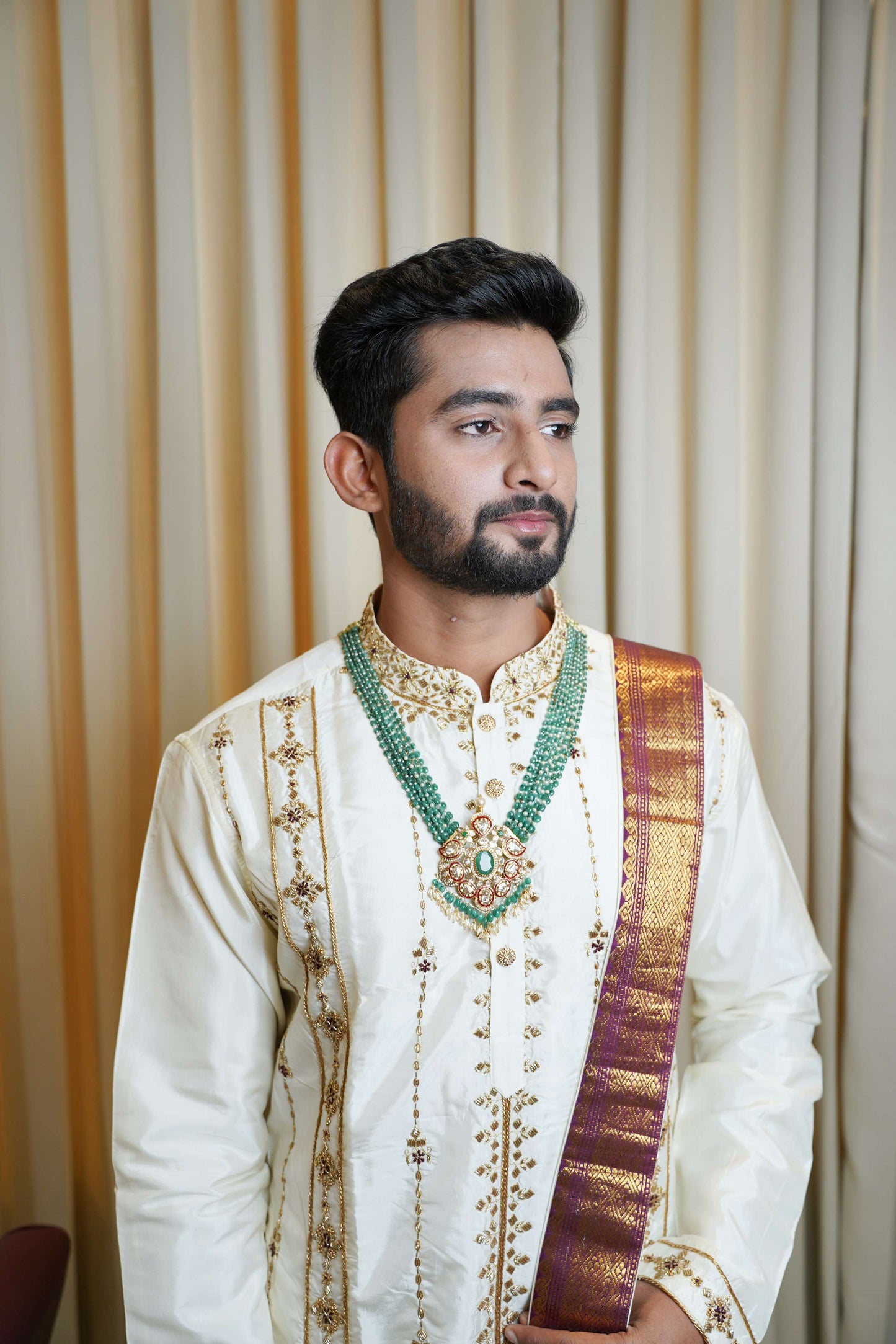 White Hand Embroidery Designer Men's Pattu Kurta Set by Hilo Design