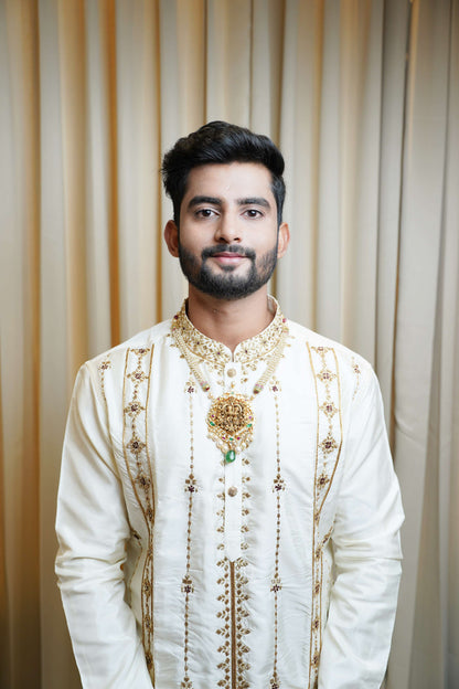 White Hand Embroidery Designer Men's Pattu Kurta Set by Hilo Design