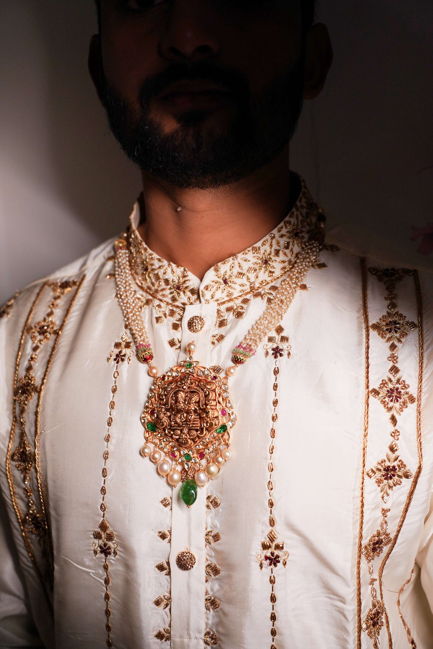 White Hand Embroidery Designer Men's Pattu Kurta Set by Hilo Design