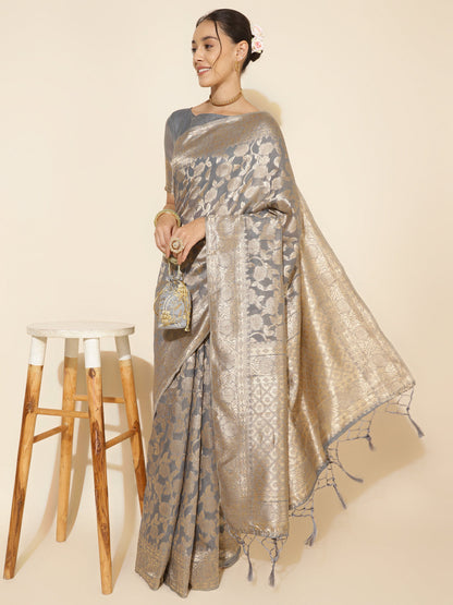 Janasya Grey Chanderi Silk Floral Woven Design Saree