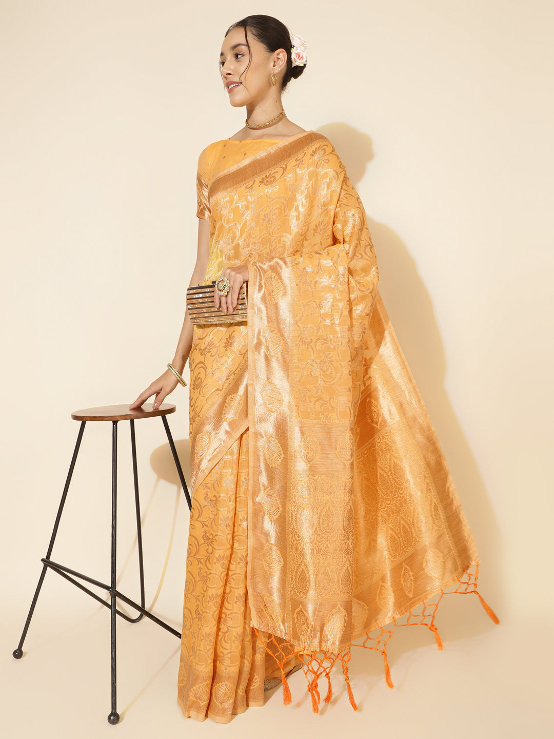 Janasya Light Yellow Chanderi Silk Woven Ethnic Motifs Chanderi Silk Saree
