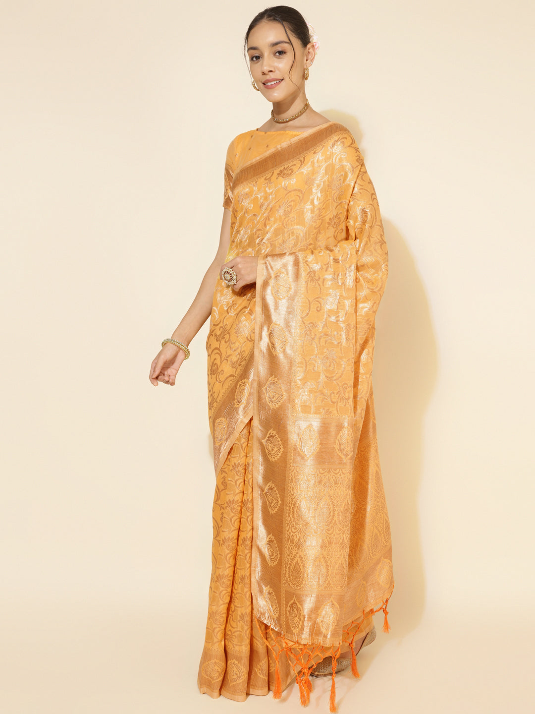 Janasya Light Yellow Chanderi Silk Woven Ethnic Motifs Chanderi Silk Saree