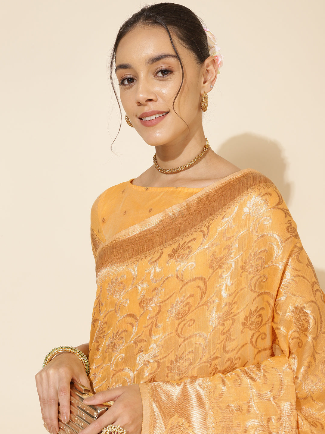 Janasya Light Yellow Chanderi Silk Woven Ethnic Motifs Chanderi Silk Saree