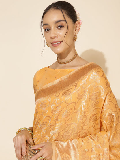 Janasya Light Yellow Chanderi Silk Woven Ethnic Motifs Chanderi Silk Saree