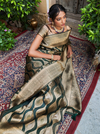 Janasya Bottle Green Organza Woven Ethnic Motifs Kanjeevaram Saree