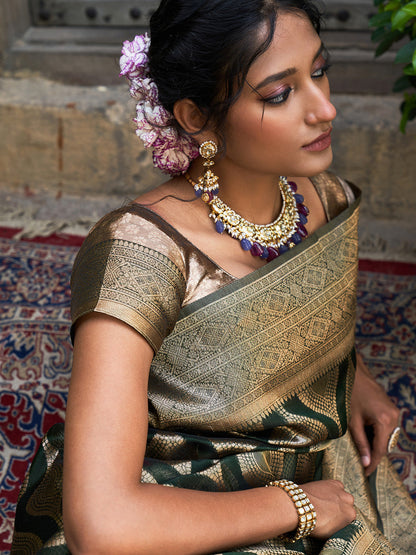 Janasya Bottle Green Organza Woven Ethnic Motifs Kanjeevaram Saree