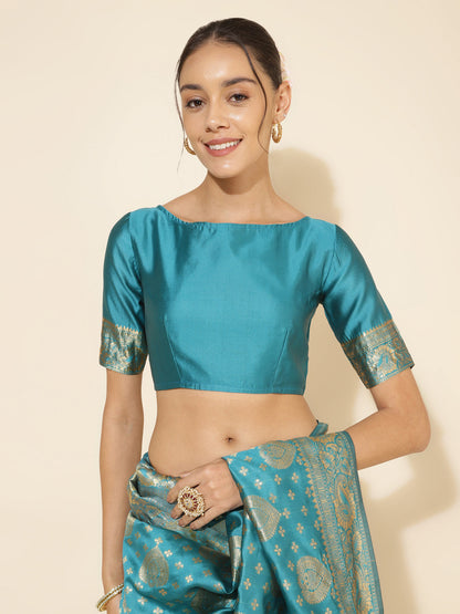 Janasya Turquoise Blue Banarasi Silk Woven Ethnic Motifs Banarasi Silk Saree