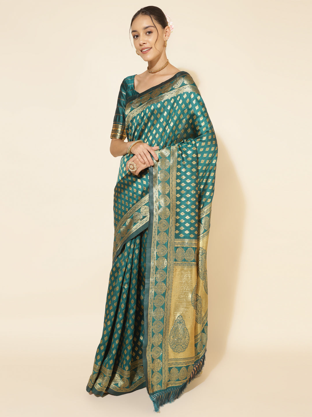 Janasya Peacock Green Silk Woven Ethnic Motifs Banarasi Silk Saree