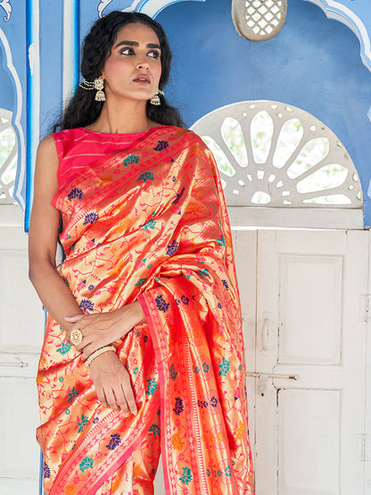 Janasya Pink Paithani Silk Woven Ethnic Motifs Paithani Silk Saree