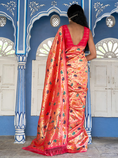 Janasya Pink Paithani Silk Woven Ethnic Motifs Paithani Silk Saree