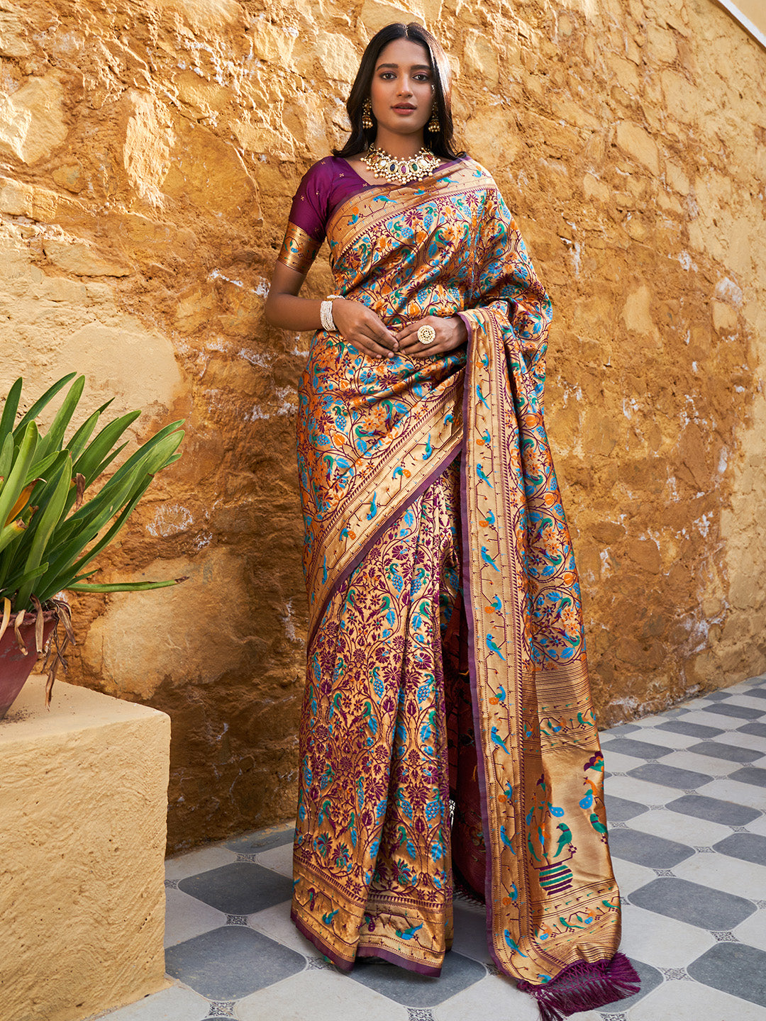 Janasya Wine Paithani Silk Woven Bagh Design Paithani Silk Saree