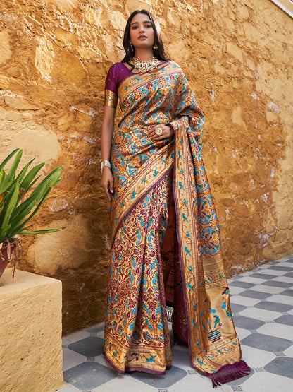Janasya Wine Paithani Silk Woven Bagh Design Paithani Silk Saree