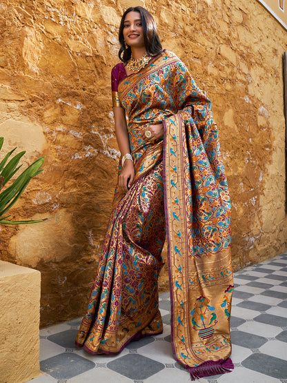 Janasya Wine Paithani Silk Woven Bagh Design Paithani Silk Saree