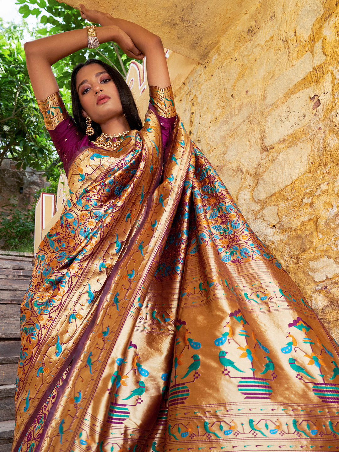 Janasya Wine Paithani Silk Woven Bagh Design Paithani Silk Saree