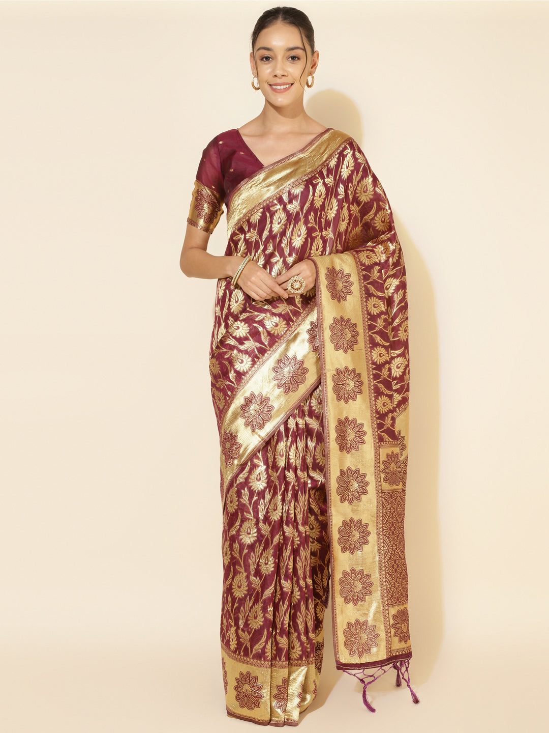 Janasya Wine Chanderi Silk Woven Paisley Chanderi Silk Saree