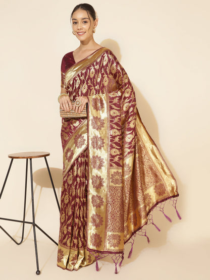 Janasya Wine Chanderi Silk Woven Paisley Chanderi Silk Saree