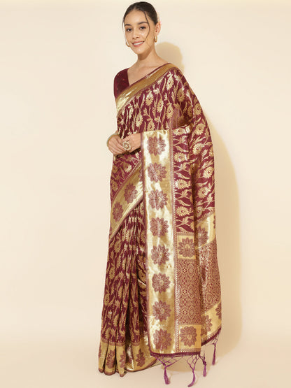 Janasya Wine Chanderi Silk Woven Paisley Chanderi Silk Saree