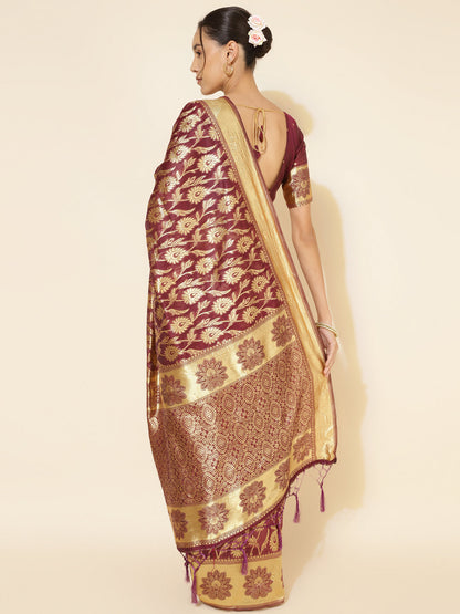 Janasya Wine Chanderi Silk Woven Paisley Chanderi Silk Saree