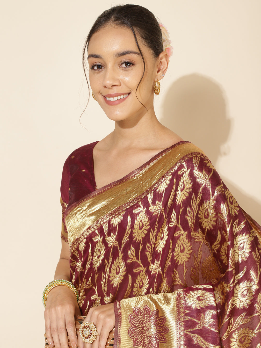 Janasya Wine Chanderi Silk Woven Paisley Chanderi Silk Saree