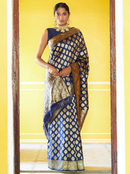 Janasya Navy Blue Banarasi Silk Woven Ethnic Motifs Banarasi Silk Saree
