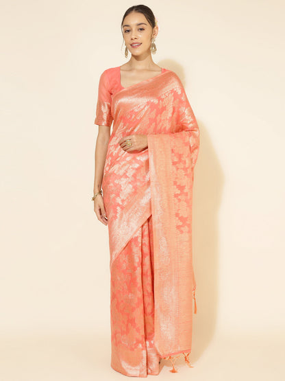 Janasya Peach Chanderi Silk Floral Woven Design Saree