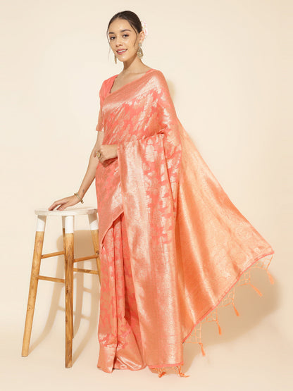 Janasya Peach Chanderi Silk Floral Woven Design Saree