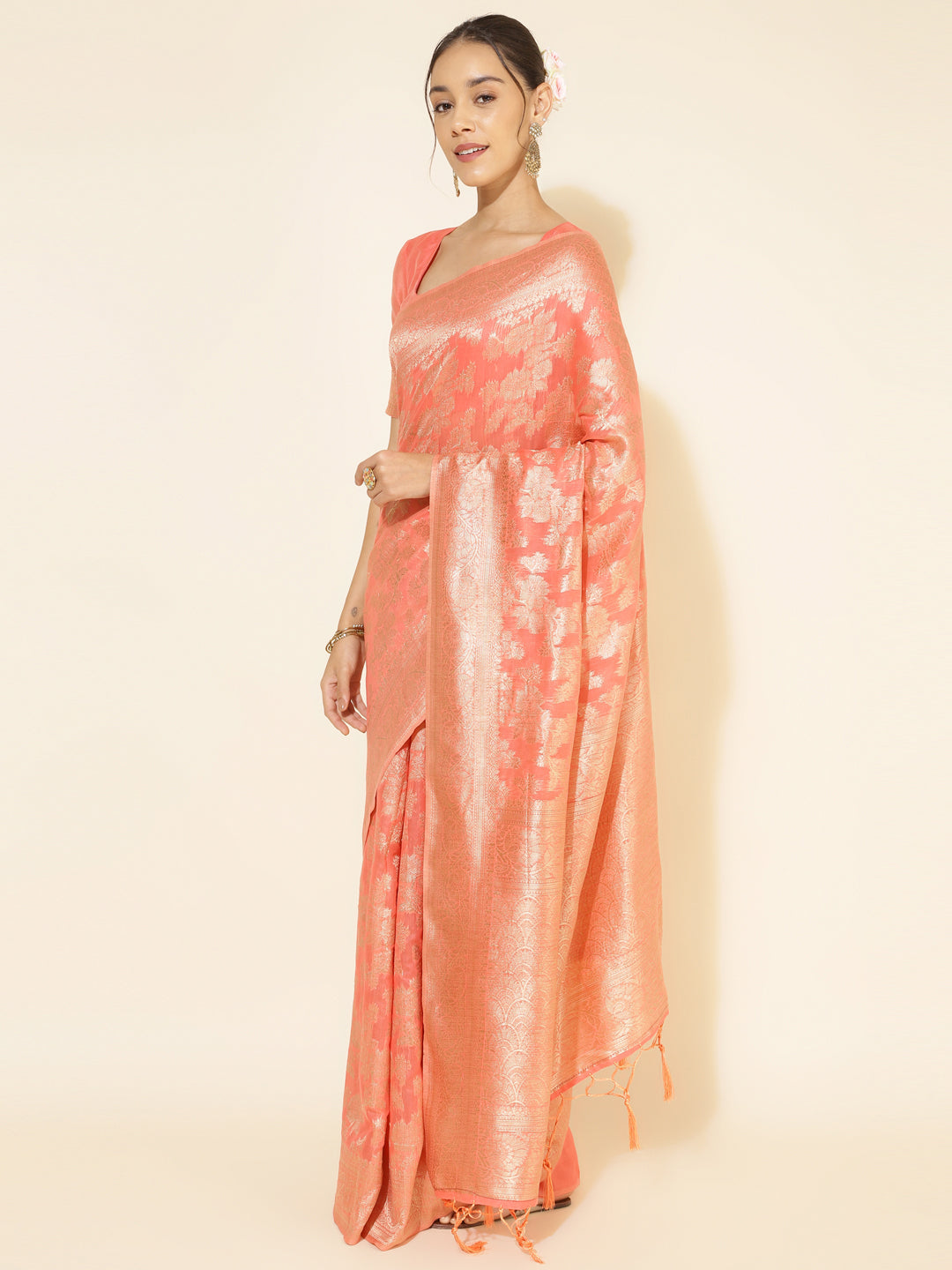 Janasya Peach Chanderi Silk Floral Woven Design Saree