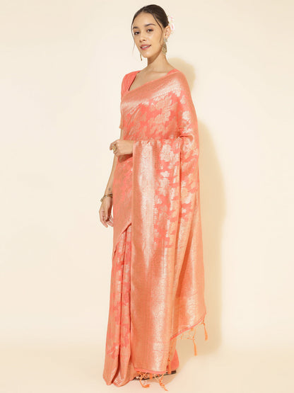 Janasya Peach Chanderi Silk Floral Woven Design Saree