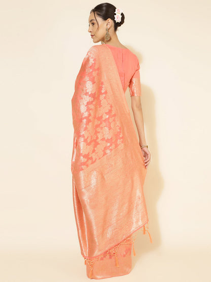 Janasya Peach Chanderi Silk Floral Woven Design Saree