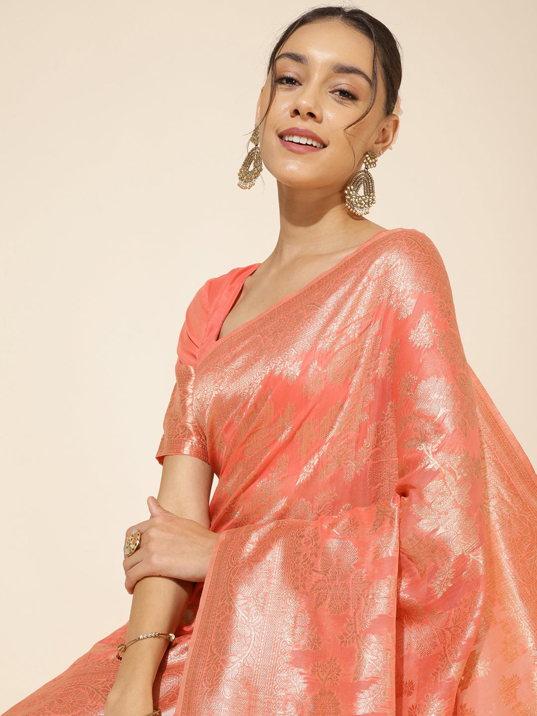 Janasya Peach Chanderi Silk Floral Woven Design Saree