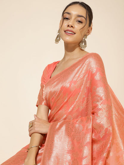 Janasya Peach Chanderi Silk Floral Woven Design Saree