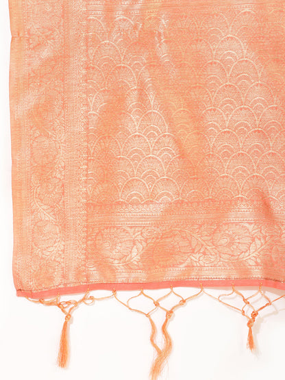 Janasya Peach Chanderi Silk Floral Woven Design Saree