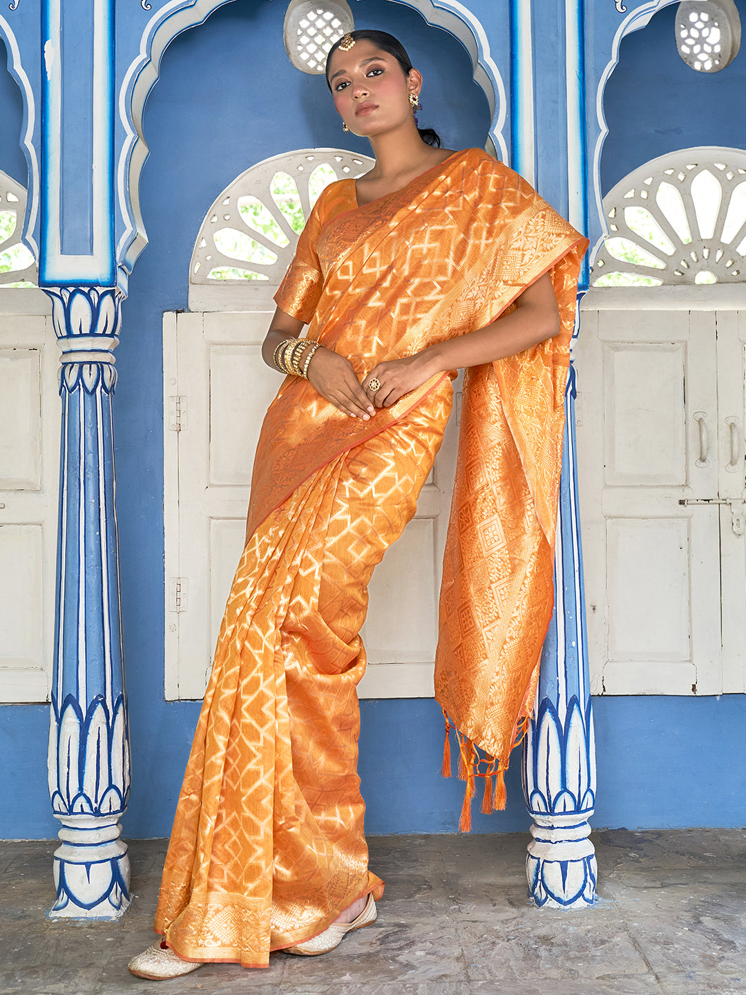 Janasya Yellow Chanderi Silk Woven Geometric Chanderi Silk Saree