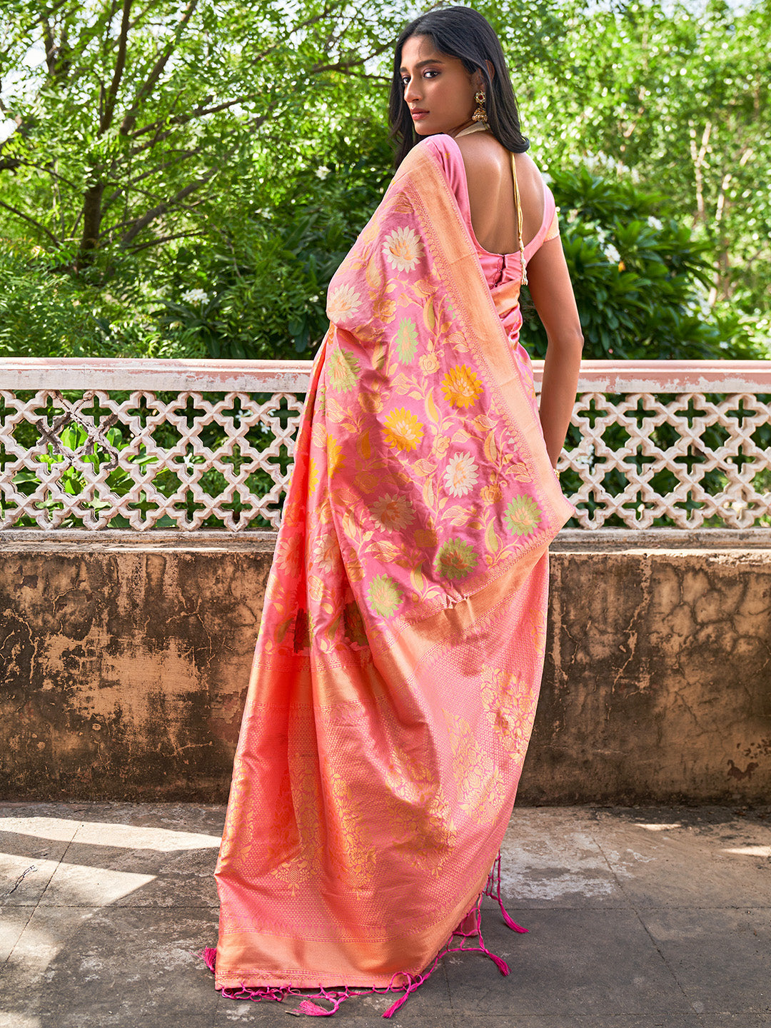Janasya Light Pink Banarasi Silk Woven Floral Design Banarasi Saree