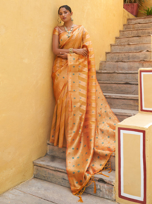 Janasya Yellow Organza Woven Leheriya Kanjeevaram Saree