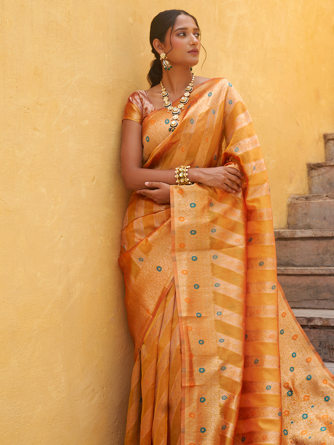 Janasya Yellow Organza Woven Leheriya Kanjeevaram Saree